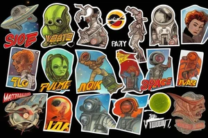 Sci-fi pulp cover art style, ray guns, aliens, scene, full sleeve, full color, spaceman, martian, mars attacks, battle, space, colorful tattoo idea