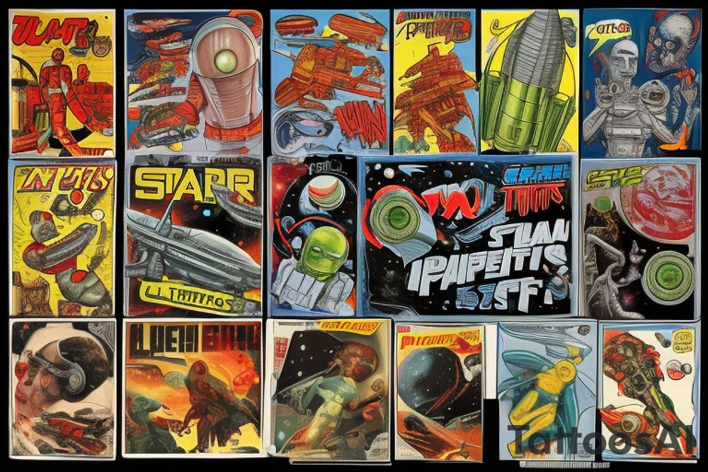 Sci-fi pulp comic cover art style, ray guns, aliens, scene, full sleeve, full color, spaceman, martian, mars attacks, battle, space, colorful tattoo idea
