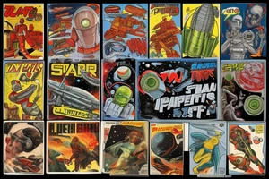 Sci-fi pulp comic cover art style, ray guns, aliens, scene, full sleeve, full color, spaceman, martian, mars attacks, battle, space, colorful tattoo idea