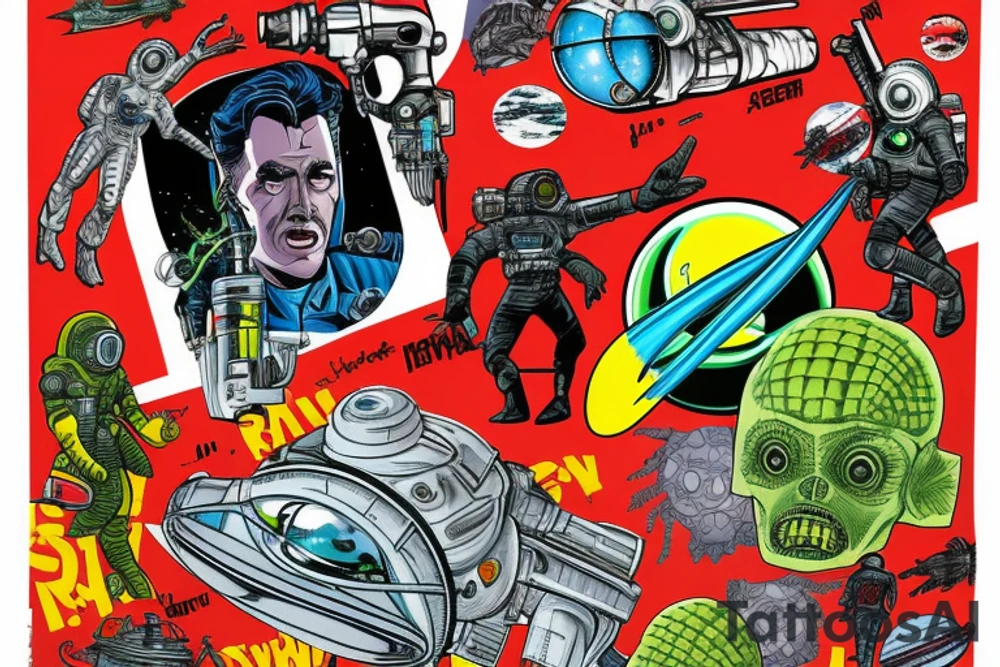 Sci-fi pulp comic cover art style, ray guns, aliens, scene, full sleeve, full color, spaceman, martian, mars attacks, battle, space, colorful tattoo idea