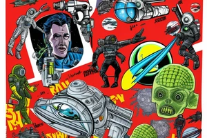 Sci-fi pulp comic cover art style, ray guns, aliens, scene, full sleeve, full color, spaceman, martian, mars attacks, battle, space, colorful tattoo idea