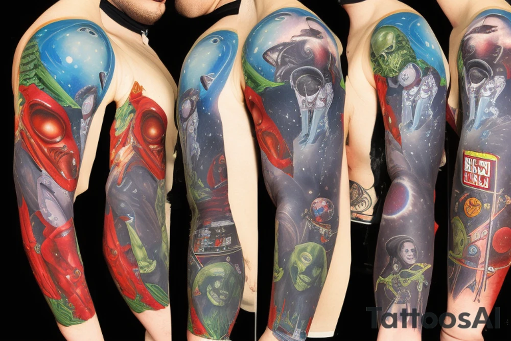 full sleeve, Sci-fi pulp comic cover art style, ray guns, aliens, scene, full sleeve, full color, spaceman, martian, mars attacks, battle, space, colorful tattoo idea