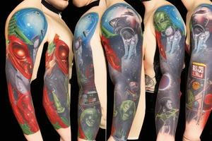 full sleeve, Sci-fi pulp comic cover art style, ray guns, aliens, scene, full sleeve, full color, spaceman, martian, mars attacks, battle, space, colorful tattoo idea