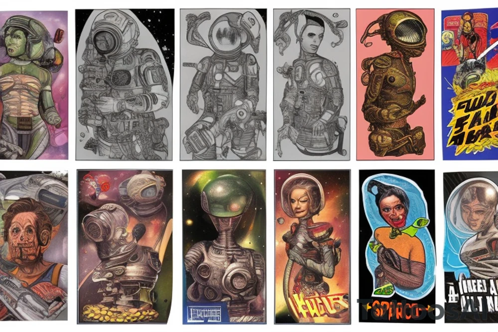 full sleeve, Sci-fi pulp comic cover art style, ray guns, aliens, scene, full sleeve, full color, spaceman, martian, mars attacks, battle, space, colorful tattoo idea