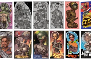 full sleeve, Sci-fi pulp comic cover art style, ray guns, aliens, scene, full sleeve, full color, spaceman, martian, mars attacks, battle, space, colorful tattoo idea