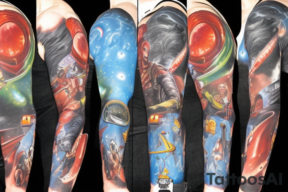 full sleeve, Sci-fi pulp comic cover art style, ray guns, aliens, scene, full sleeve, full color, spaceman, martian, mars attacks, battle, space, colorful tattoo idea