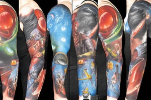 full sleeve, Sci-fi pulp comic cover art style, ray guns, aliens, scene, full sleeve, full color, spaceman, martian, mars attacks, battle, space, colorful tattoo idea