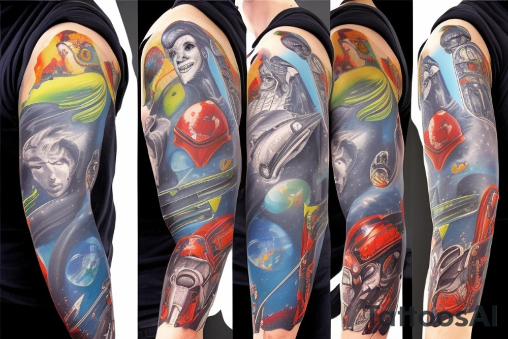 full sleeve, Sci-fi pulp comic cover art style, ray guns, aliens, scene, full sleeve, full color, spaceman, martian, mars attacks, battle, space, colorful tattoo idea