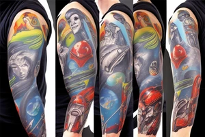 full sleeve, Sci-fi pulp comic cover art style, ray guns, aliens, scene, full sleeve, full color, spaceman, martian, mars attacks, battle, space, colorful tattoo idea