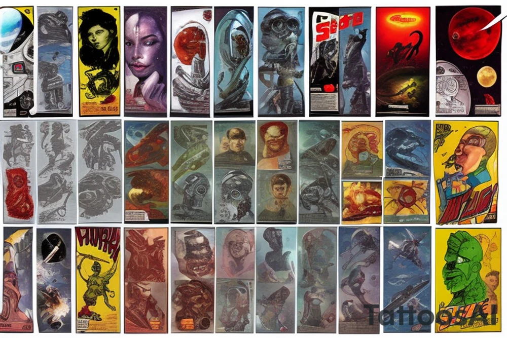 full sleeve, Sci-fi pulp comic cover art style, ray guns, aliens, scene, full sleeve, full color, spaceman, martian, mars attacks, battle, space, colorful tattoo idea