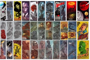 full sleeve, Sci-fi pulp comic cover art style, ray guns, aliens, scene, full sleeve, full color, spaceman, martian, mars attacks, battle, space, colorful tattoo idea