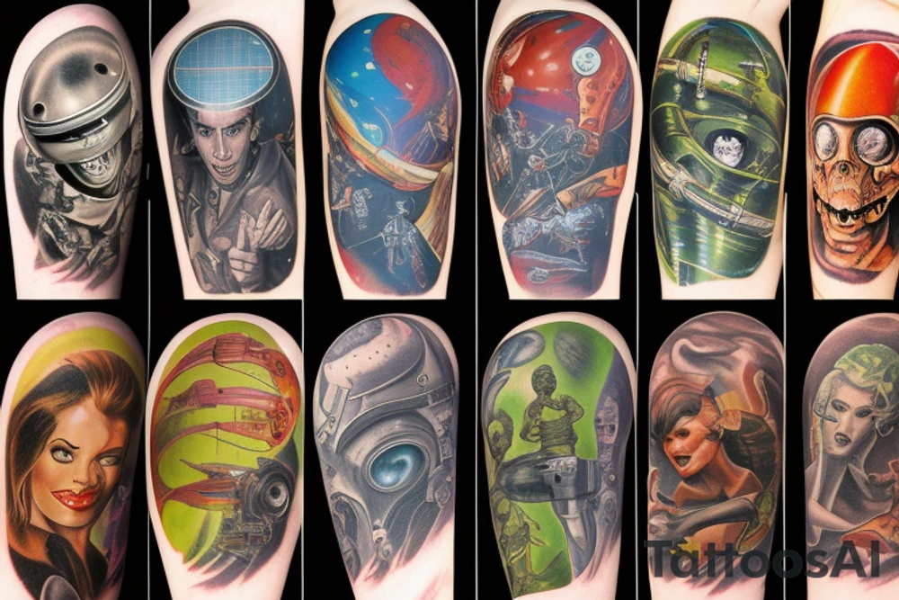full sleeve, Sci-fi pulp comic cover art style, ray guns, aliens, scene, full sleeve, full color, spaceman, martian, mars attacks, battle, space, colorful tattoo idea