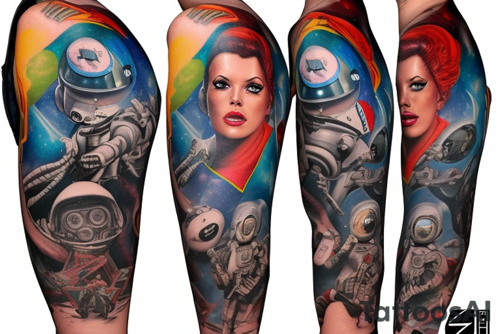 full sleeve, Sci-fi pulp comic cover art style, ray guns, aliens, scene, full sleeve, full color, spaceman, martian, mars attacks, battle, space, colorful tattoo idea