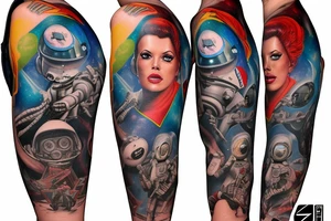 full sleeve, Sci-fi pulp comic cover art style, ray guns, aliens, scene, full sleeve, full color, spaceman, martian, mars attacks, battle, space, colorful tattoo idea