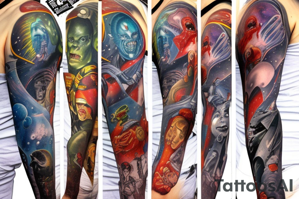 full sleeve, Sci-fi pulp comic cover art style, ray guns, aliens, scene, full sleeve, full color, spaceman, martian, mars attacks, battle, space, colorful tattoo idea