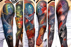 full sleeve, Sci-fi pulp comic cover art style, ray guns, aliens, scene, full sleeve, full color, spaceman, martian, mars attacks, battle, space, colorful tattoo idea