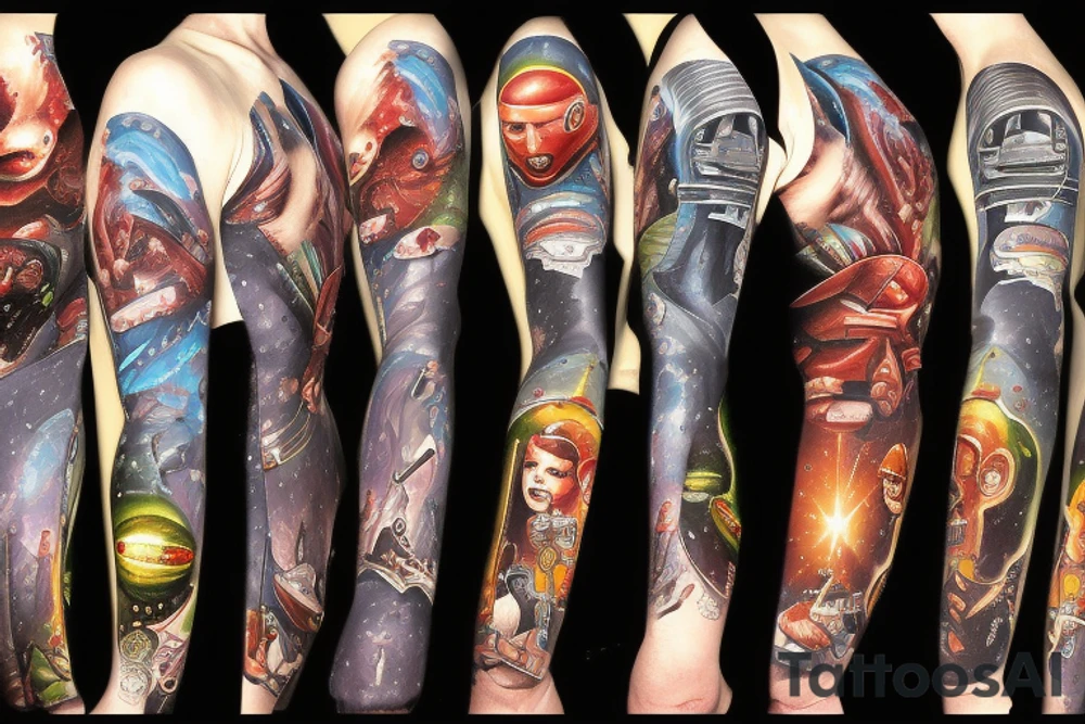 full sleeve, Sci-fi pulp comic cover art style, ray guns, aliens, scene, full sleeve, full color, spaceman, martian, mars attacks, battle, space, colorful tattoo idea