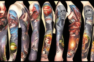 full sleeve, Sci-fi pulp comic cover art style, ray guns, aliens, scene, full sleeve, full color, spaceman, martian, mars attacks, battle, space, colorful tattoo idea