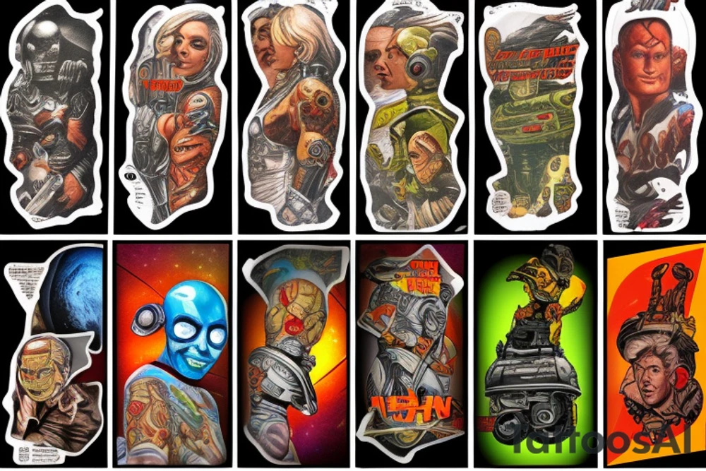 full sleeve, Sci-fi pulp comic cover art style, ray guns, aliens, scene, full sleeve, full color, spaceman, martian, mars attacks, battle, space, colorful tattoo idea