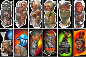 full sleeve, Sci-fi pulp comic cover art style, ray guns, aliens, scene, full sleeve, full color, spaceman, martian, mars attacks, battle, space, colorful tattoo idea