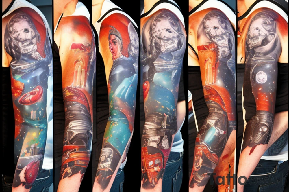 full sleeve, Sci-fi pulp comic cover art style, ray guns, aliens, scene, full sleeve, full color, spaceman, martian, mars attacks, battle, space, colorful tattoo idea