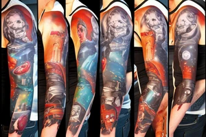 full sleeve, Sci-fi pulp comic cover art style, ray guns, aliens, scene, full sleeve, full color, spaceman, martian, mars attacks, battle, space, colorful tattoo idea