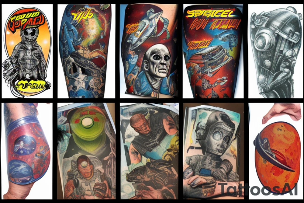 full sleeve, Sci-fi pulp comic cover art style, ray guns, aliens, scene, full sleeve, full color, spaceman, martian, mars attacks, battle, space, colorful tattoo idea