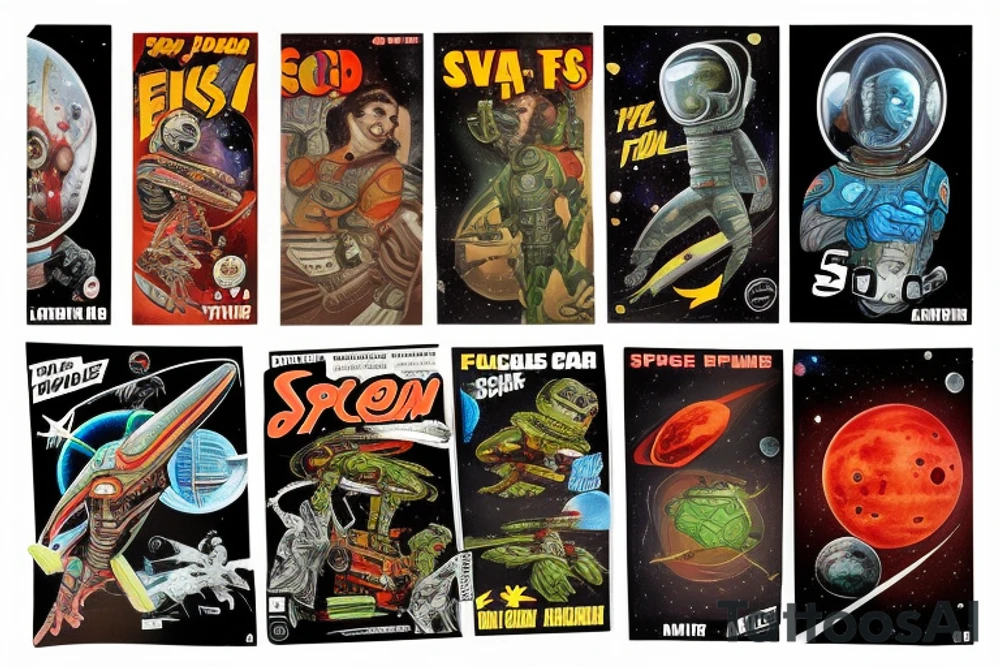 full sleeve, Sci-fi pulp comic cover art style, ray guns, aliens, scene, full sleeve, full color, spaceman, martian, mars attacks, battle, space, colorful tattoo idea