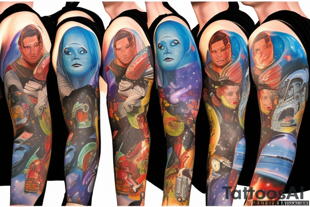 full sleeve, Sci-fi pulp comic cover art style, ray guns, aliens, scene, full sleeve, full color, spaceman, martian, mars attacks, battle, space, colorful tattoo idea