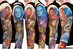 full sleeve, Sci-fi pulp comic cover art style, ray guns, aliens, scene, full sleeve, full color, spaceman, martian, mars attacks, battle, space, colorful tattoo idea