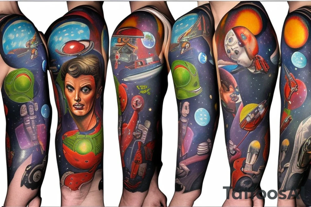 full sleeve, Sci-fi pulp comic cover art style, ray guns, scene, full sleeve, full color, spaceman, martian, mars attacks, battle, space, colorful tattoo idea