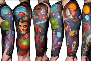 full sleeve, Sci-fi pulp comic cover art style, ray guns, scene, full sleeve, full color, spaceman, martian, mars attacks, battle, space, colorful tattoo idea