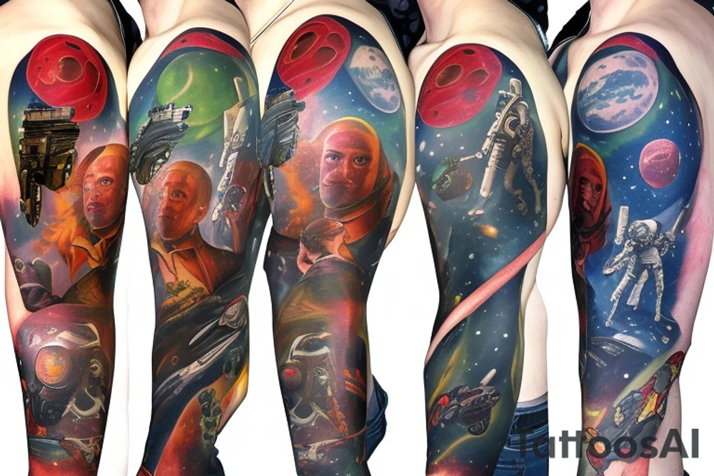 full sleeve, Sci-fi pulp comic cover art style, ray guns, scene, full sleeve, full color, spaceman, martian, mars attacks, battle, space, colorful tattoo idea