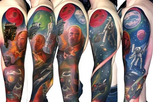 full sleeve, Sci-fi pulp comic cover art style, ray guns, scene, full sleeve, full color, spaceman, martian, mars attacks, battle, space, colorful tattoo idea