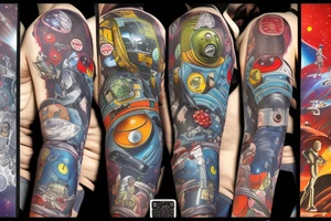 full sleeve, Sci-fi pulp comic cover art style, ray guns, scene, full sleeve, full color, spaceman, martian, mars attacks, battle, space, colorful tattoo idea