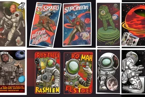 full sleeve, Sci-fi pulp comic cover art style, ray guns, scene, full sleeve, full color, spaceman, martian, mars attacks, battle, space, colorful tattoo idea