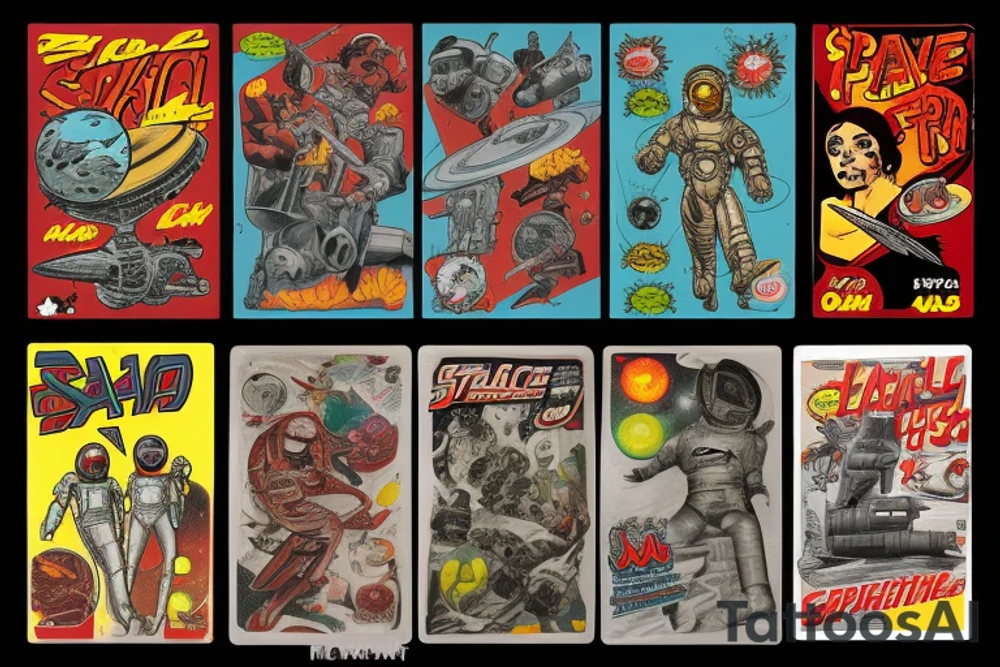 full sleeve, Sci-fi pulp comic cover art style, ray guns, scene, full sleeve, full color, spaceman, martian, mars attacks, battle, space, colorful tattoo idea