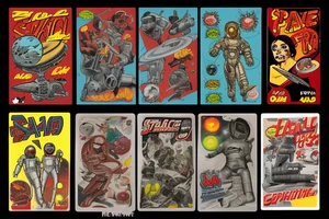 full sleeve, Sci-fi pulp comic cover art style, ray guns, scene, full sleeve, full color, spaceman, martian, mars attacks, battle, space, colorful tattoo idea