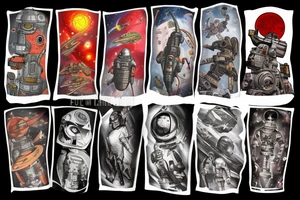 full sleeve, Sci-fi pulp comic cover art style, ray guns, scene, full sleeve, full color, spaceman, martian, mars attacks, battle, space, colorful tattoo idea