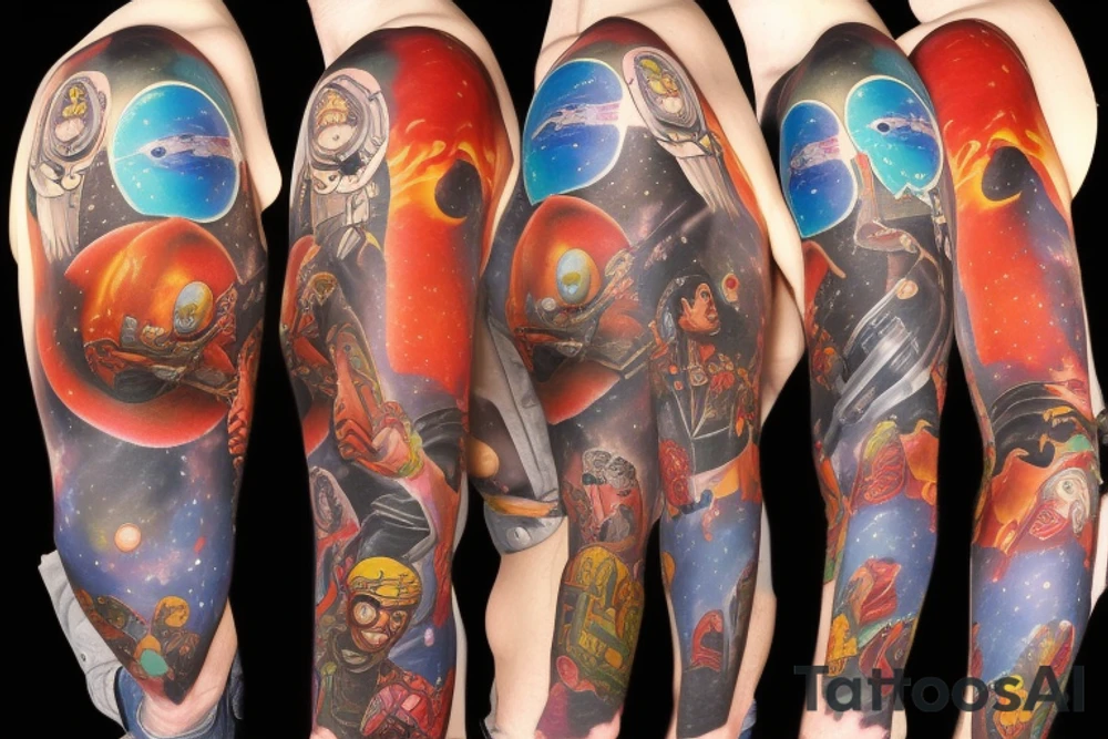 full sleeve, Sci-fi pulp comic cover art style, ray guns, scene, full sleeve, full color, spaceman, mars attacks, battle, space, colorful tattoo idea