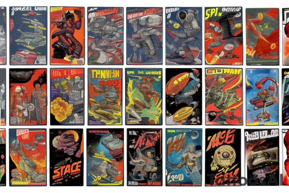 full sleeve, Sci-fi pulp comic cover art style, ray guns, scene, full sleeve, full color, spaceman, mars attacks, battle, space, colorful tattoo idea