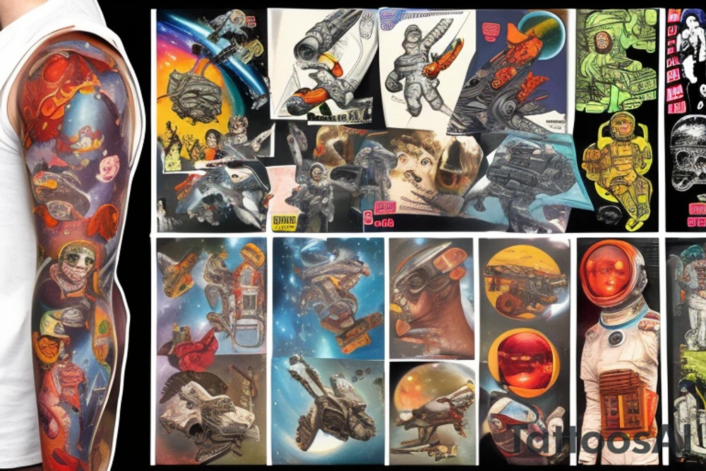 full sleeve, Sci-fi pulp comic cover art style, ray guns, scene, full sleeve, full color, spaceman, mars attacks, battle, space, colorful tattoo idea