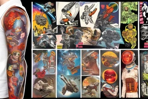 full sleeve, Sci-fi pulp comic cover art style, ray guns, scene, full sleeve, full color, spaceman, mars attacks, battle, space, colorful tattoo idea