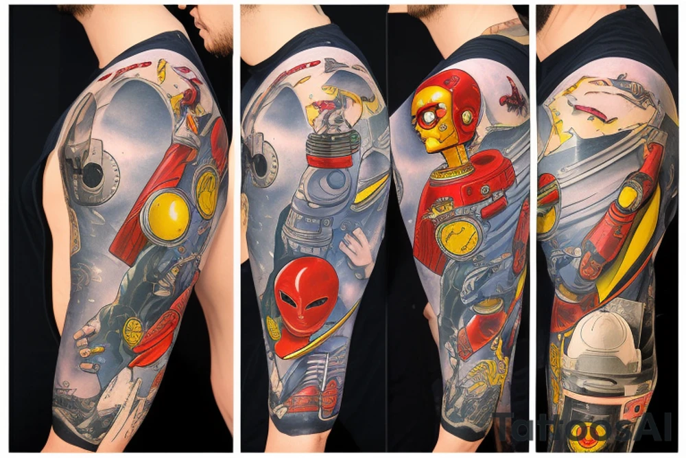 full sleeve, Sci-fi pulp comic cover art style, ray guns, scene, full sleeve, full color, spaceman, mars attacks, battle, space, colorful tattoo idea
