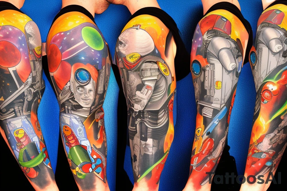 full sleeve, Sci-fi pulp comic cover art style, ray guns, scene, full sleeve, full color, spaceman, mars attacks, battle, space, colorful tattoo idea