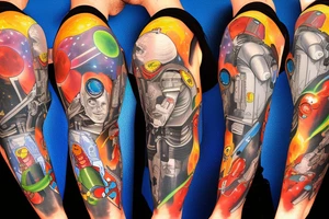 full sleeve, Sci-fi pulp comic cover art style, ray guns, scene, full sleeve, full color, spaceman, mars attacks, battle, space, colorful tattoo idea