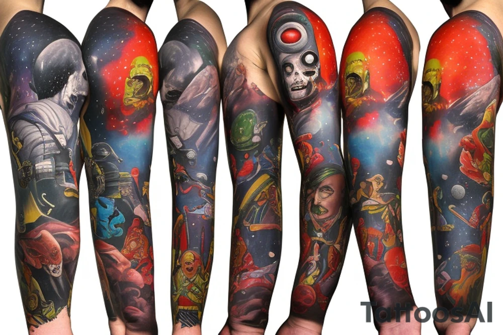 full sleeve, Sci-fi pulp comic cover art style, ray guns, scene, full sleeve, full color, spaceman, mars attacks, battle, space, colorful tattoo idea
