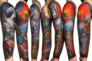 full sleeve, Sci-fi pulp comic cover art style, ray guns, scene, full sleeve, full color, spaceman, mars attacks, battle, space, colorful tattoo idea