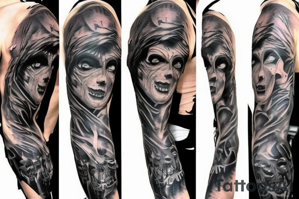 horror pulp noir
mummy, wolfman, full sleeve tattoo idea