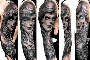 horror pulp noir
mummy, wolfman, full sleeve tattoo idea